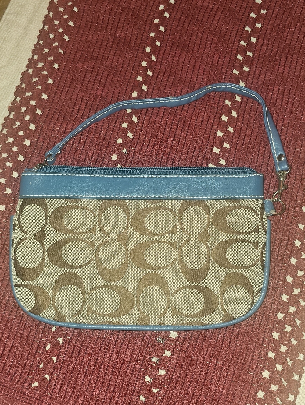 Coach Brown Signature Canvas Wristlet with Blue Trim
